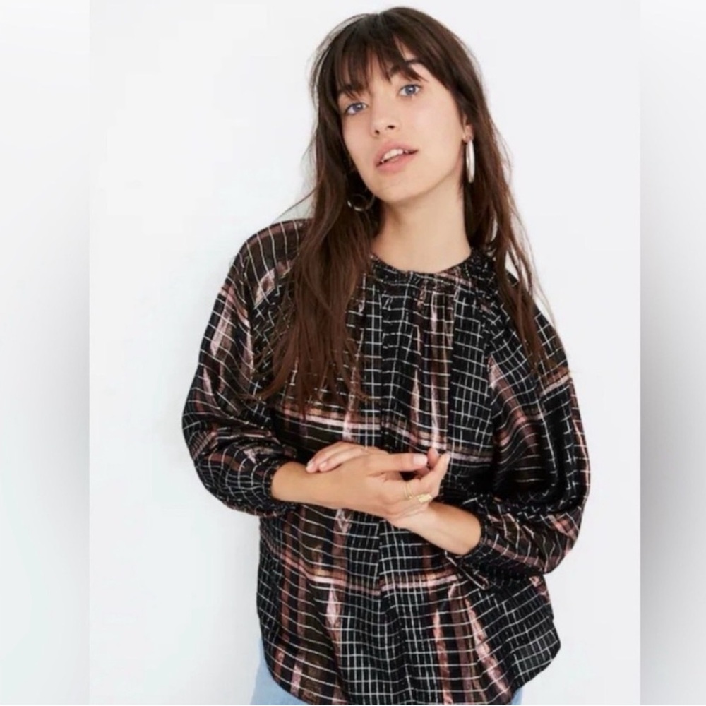Apiece Apart Plaid Isla Peasant Top Copper/Black/Silver metallic - Size 0 - EUC